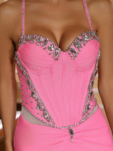 <span class=keywords><strong>Robe</strong></span> <span class=keywords><strong>de</strong></span> Soirée Élégante et Décontractée pour Femme, Coupe Droite Midi Fendue, Dos Nu Bandage avec Strass - Product Image 6