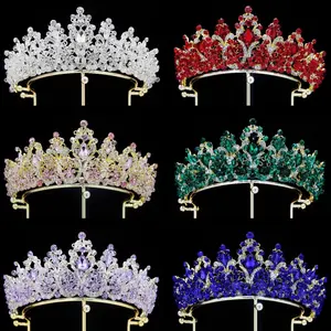 Perhiasan rambut logam campuran tiara pengantin mewah pernikahan Ratu mahkota berlian imitasi tiara untuk pesta untuk 15 tahun emas
