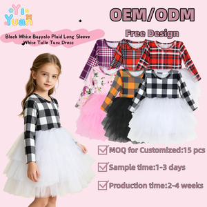 Robe Tutu à manches longues à carreaux Buffalo noir et blanc pour enfants, jupe en tulle multicouche blanche, robe décontractée pour petites filles pour les fêtes - Product Image 1
