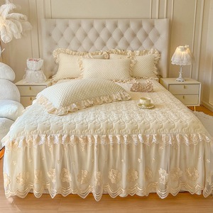 Juego de 3 piezas de cubrecama rosa de terciopelo coral con diseño de princesa de invierno, cubrecama grueso de algodón con borde de falda y delantal de cama - Product Image 2
