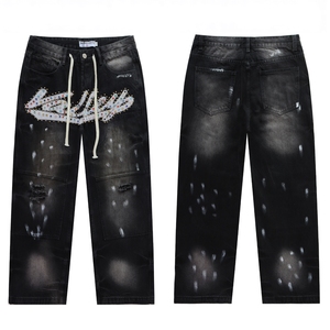 VALEE FOREVERS <span class=keywords><strong>Jean</strong></span> <span class=keywords><strong>Baggy</strong></span> Brodé de Strass, Denim Noir Délavé et Vieilli Style Streetwear <span class=keywords><strong>Vintage</strong></span> - Product Image 2