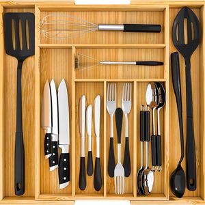 High Quality Adjustable Expandable Bamboo <b>Kitchen</b> Rack Silverware Drawer Organizer with Divider - Product Image 3