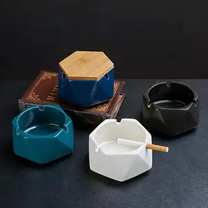 Cenicero de cerámica con tapa de bambú, plato para fumar geométrico Simple, Cenicero de cerámica con logotipo personalizado