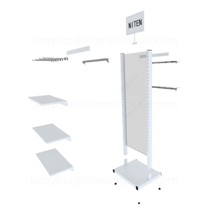 Double-Sided Metal Floor Store Display Stand with Shelves & Hooks Multi-Functional <b>Garment</b> <b>Rack</b> for Clothing Hats Socks - Product Image 6