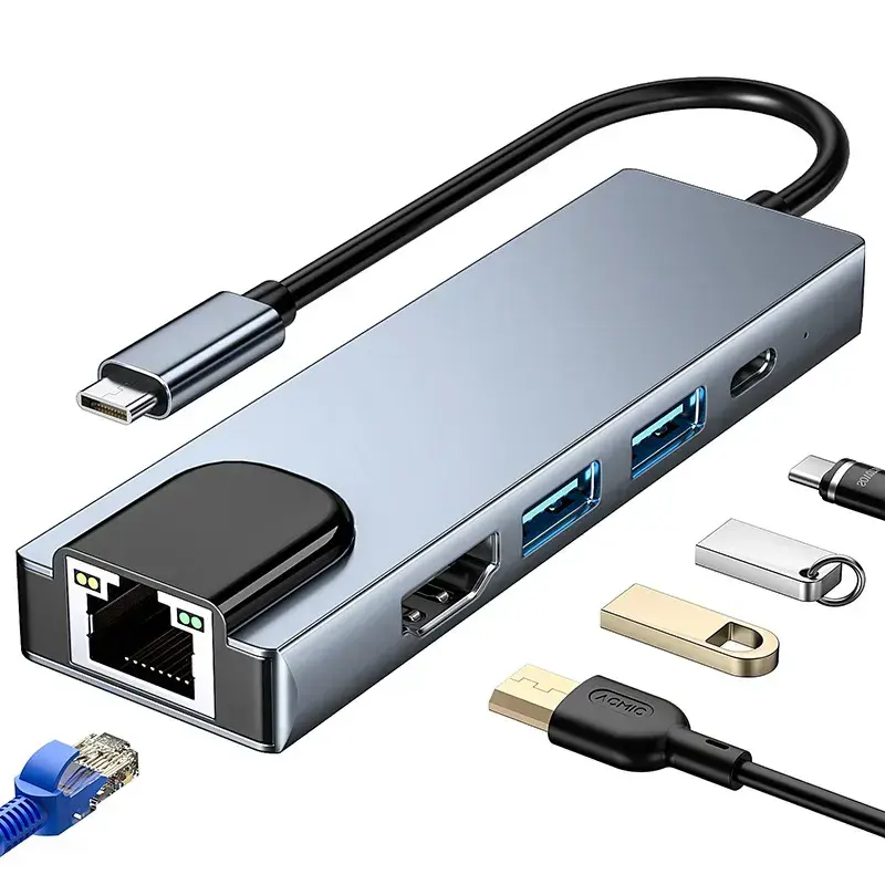 אלומיניום 5 ב 1 סוג C עגינה תחנת USB3.0 רב יציאת RJ45 Ethernet Lan HDTV עבור מחברת נייד