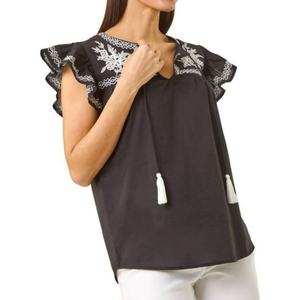 Blusa de Algodón con Mangas Cortas con Volantes y Borlas Bordadas de Estilo Bohemio para Mujer, Nueva Llegada - Product Image 2