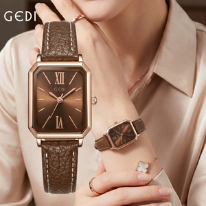 นาฬิกาสี่เหลี่ยมเล็กสีน้ำตาลวินเทจสายหนังแท้นาฬิกาข้อมือควอทซ์กันน้ำ - Product Image 5