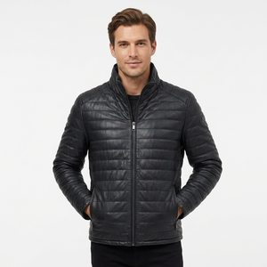 Chaqueta de Cuero Genuino Negra para Hombre, Acolchada, con Cuello Alto, Estilo Motero, de Piel de Vaca, Clásica, Personalizada, para Invierno - Product Image 1