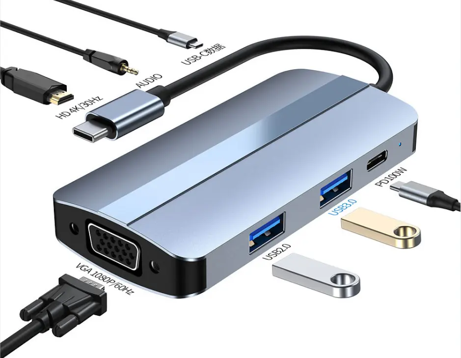 محطة إرساء عالمية USB 3.0 محطة إرساء من النوع C إلى 1080P VGA 3.5 مم محول فاصل الصوت محور البطاقة الخارجية USB