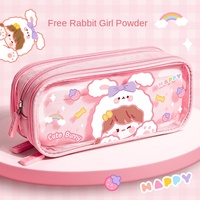 Trousse à crayons pour fille à trois couches de grande capacité Sac de papeterie transparent en coeur Nouveau cuir de grande valeur pour l'école primaire