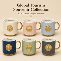 Mug à café en céramique souvenir Suisse, motif drapeau et bâtiment emblématique, avec badge métallique, en porcelaine fine, personnalisable OEM, vente en gros