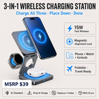 Chargeur sans fil magnétique pliable en plastique trois-en-un avec charge rapide 15W pour téléphones et montres