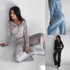 Conjunto de chándal de terciopelo para mujer al por mayor, sudadera corta con cremallera y <span class=keywords><strong>pantalones</strong></span> de pierna ancha, ropa de estar por casa para otoño/invierno, en stock - Product Image 3