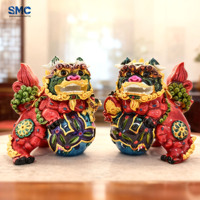 SMC artistique sculpté petite boule de Lion en résine 2 pièces ensemble gardien chinois Fu chien 3D Figurine Statue bureau décor à la maison à collectionner