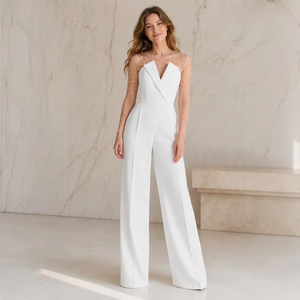 Vernalux 2026 Elegante y Sofisticado <span class=keywords><strong>Mono</strong></span> con Perlas, <span class=keywords><strong>Blazer</strong></span> con Cuello en V, Mangas de Malla Transparente, Espalda Abierta, Pantalones Anchos con Cinturón - Product Image 1