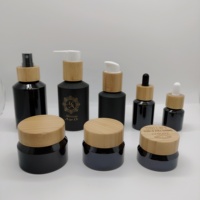 Kemasan Botol Kaca Kosmetik 15g-200ml Botol Lotion Kaca Hitam Model Slant Shoulder, Botol Minyak, dan Stoples Krim dengan Tutup Bambu