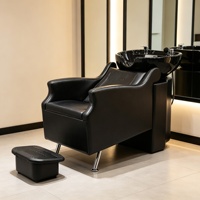 Fauteuil de lavage professionnel avec évier en céramique, unité de lavage de cheveux en cuir PU noir avec repose-pieds pour salon de coiffure