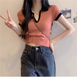 T-shirt d'été en tricot à manches courtes pour <span class=keywords><strong>femme</strong></span>, col en V, vente en gros d'usine, pour filles - Product Image 1