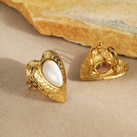 Ensemble de bijoux pour femme plaqué or 18 carats, avec bagues en pierres précieuses, motif cœur ouvert et pierre œil-de-chat, texture martelée rétro, pour une touche de style affirmé