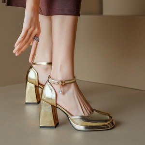 Women Metallic Silver Platform <strong>Block</strong> <strong>Heel</strong> Pumps SQUARE <strong>Toe</strong> <strong>Ankle</strong> <strong>Strap</strong> <strong>With</strong> Crystal Pendant <strong>Closed</strong> <strong>Toe</strong> High <strong>Heel</strong> Shoes - Product Image 2