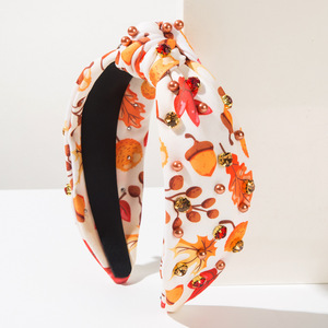 Serre-têtes pour femmes en tissu imprimé érable et perles nouées en croix, pour Thanksgiving et le Festival de la Récolte - Product Image 3