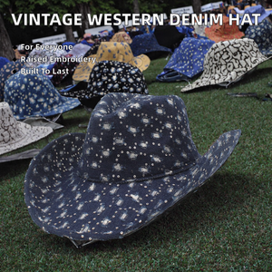 European American Style Vintage <b>Western</b> Cowboy <b>Hat</b> Glitter Fashionable Denim Distressed Casual Jazz Top Curved Brim Unisex Four - Product Image 2