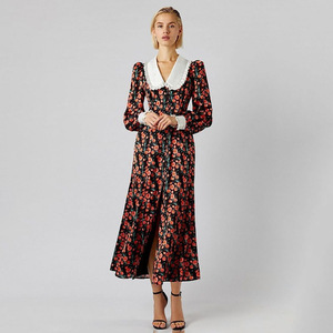 Abito Lungo Vintage Elegante Stile Designer con Stampa, Colletto <span class=keywords><strong>Peter</strong></span> Pan, Vita Alta e Vestibilità Slim - Novità - Product Image 3