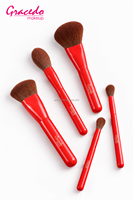 Set Kuas Makeup Profesional Merah Ramah Perjalanan untuk Kolaborasi Merek, 5 Buah Kuas Nilon Gagang Kayu untuk Wajah