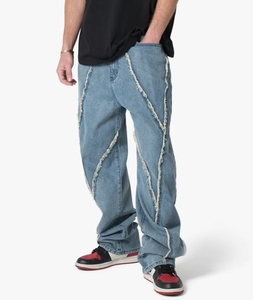Nueva <span class=keywords><strong>Serie</strong></span> de Diseño: <span class=keywords><strong>Jeans</strong></span> de Mezclilla para Hombre, Estilo Vintage, Lavado Azul, Paneles con Parches, Bajo sin Rematar, Corte Holgado - Product Image 1