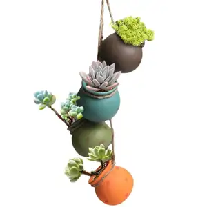 NISEVEN Hot Sale 4pcs/Set Multicolour Ceramic Flower Pot With Jute Rope Hanging Succulent Pot Hanging Planter