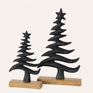 Wholesale Minimalist Black Metal <b>Christmas</b> <b>Tree</b> Sculpture With Mango Wood <b>Base</b> Modern Tabletop Holiday Decoration <b>For</b> Living - Product Image 1