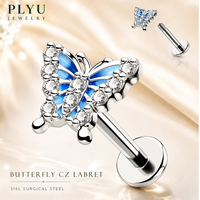 Piercing de Acero Quirúrgico 316L con Disco Plano de Circonita y Diseño de Mariposa de Ala Azul, Rosca Externa, para Helix, Conch, Monroe