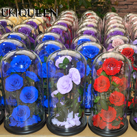 UKIQUEEN vente en gros de fleurs naturelles conservées à longue tige, dôme en verre stabilisé, roses dorées éternelles enchantées avec boîte-cadeau