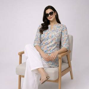 Kurta en coton à imprimé feuilles colorées pour femmes avec pantalon palazzo blanc, tenue décontractée, style ethnique Inde Pakistan, coupe ample pour l'été - Product Image 1