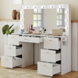 Vẻ đẹp cổ điển cửa hàng lớn Kim Cương Vanity bàn trang điểm bảng dành cho người lớn gỗ thắp sáng trắng mặc quần áo <span class=keywords><strong>make</strong></span> up bảng với Glass Top - Product Image 3