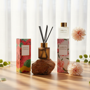 Aikun Brand Low MOQ 3 Day Sample 7 Day Ship Any Scent Lasting 100ML Water Transfer Amber Bottle Floral Box <b>Reed</b> <b>Diffuser</b> Set - Product Image 1