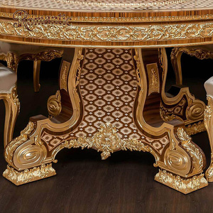 Set <span class=keywords><strong>da</strong></span> <span class=keywords><strong>Pranzo</strong></span> di Lusso in Stile Mediorientale, Tavolo Rotondo Personalizzato in Legno Massello Intagliato a Mano con Intarsi in Venature del Legno e Sedie - Product Image 3