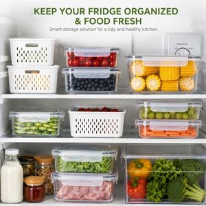Custom Food Storage <b>Container</b> with Drain Basket and Airtight Lid for <b>Refrigerator</b> Fruit & Vegetable Organizer - Product Image 6