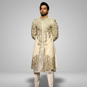 LATEST--BEAUTIFUL GOLD ZARDOZI EMBROIDERY on WHITE SILK SHERWANI ,KURTA WITH <b>PANT</b> Suits & Blazer>Men's Suits - Product Image 3