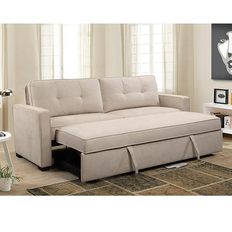 Up-holstered furniture living room sofa beige fabric pull down sofa bed with USB sleeper for home decoration