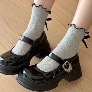 Women's Summer Breathable Slouch <b>Socks</b> With Bow Heel Japanese Style JK Cotton White <b>Black</b> Gray - Product Image 2