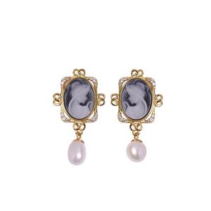 Non ternir bijoux 18k plaqué or hypoallergénique S925 argent dame Portrait <span class=keywords><strong>Agate</strong></span> <span class=keywords><strong>camée</strong></span> Baroque perle boucles d'oreilles pour les femmes - Product Image 3