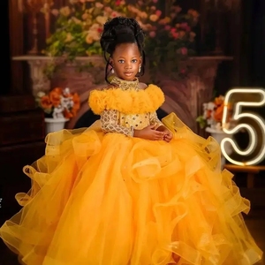 Abito da cerimonia dorato a collo alto per bambine, personalizzabile, grazioso vestito da festa per bambine, abito da concorso per servizi fotografici - Product Image 6