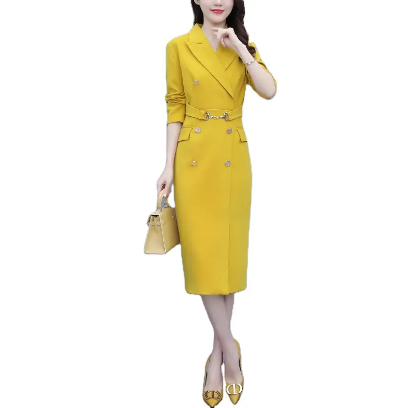 Spring V-neck Double Breasted Suit Dresses Style Suit Dresses Long Sleeve Office 2021 New Arrivals Women Ladies Solid Color