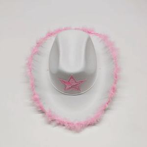 Sombrero de Vaquero Blanco con Adorno de Plumas Rosas, Diseño de Estrella con Lentejuelas, Ajustable, para Viajes, Despedidas de Soltera, Festivales, Actuaciones en Escenario - Product Image 3