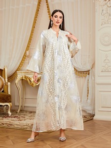 New Muslim Women <b>Abaya</b> <b>Dresses</b> Dubai Style Flare Sleeve Elegant Polyester A-Line Floor-Length Lightweight Satin Fabric Natural - Product Image 1