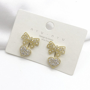Nyuu Bowknot Heart <b>Stud</b> Earrings Gold Zircon <b>Silver</b> Post Women Fashion Jewelry Gift - Product Image 1