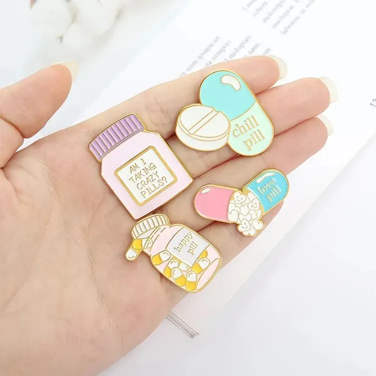 Custom Cartoon Shiny Pill Bottle Enamel Pins Letter Brooch Mini Medicine Bottle Pins Bottle Series Badge Brooches Enamel Pins