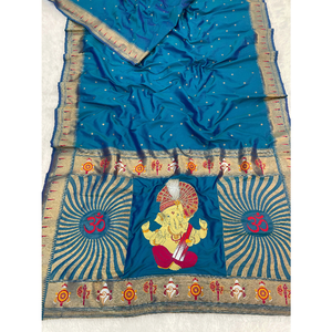 Sari en soie Paithani tissé Zari bleu Elite Weaves avec motif Ganpati, 650g, Vêtements indiens et pakistanais - Product Image 2