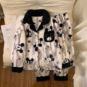 Ensembles de vêtements de nuit 7501 #   Pyjama en flanelle à col châle pour femmes, pyjama d'hiver à motif de dessin animé, couleur contrastée - Product Image 3